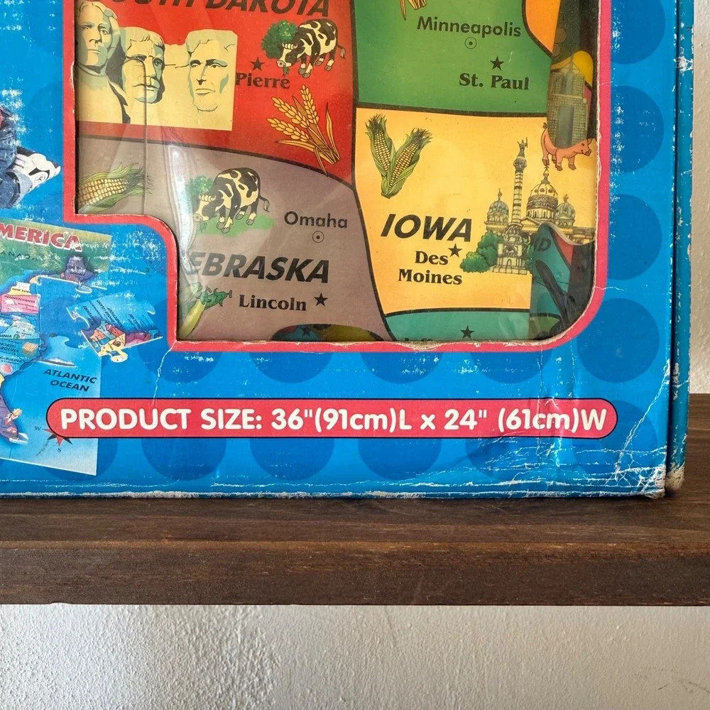 Vintage First Learning Wooden USA Map Floor Puzzle 26 Pcs 36x24 Complete OpenBox